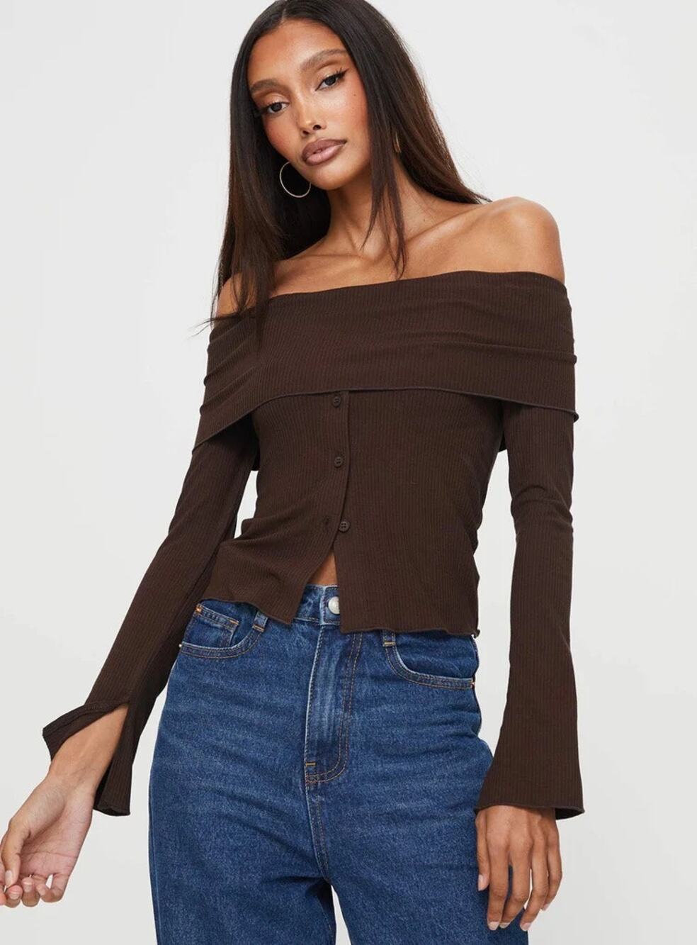 Princess Polly Parveen Brown Ribbed Off Shoulder Long Sleeve Crop Top Blouse 4